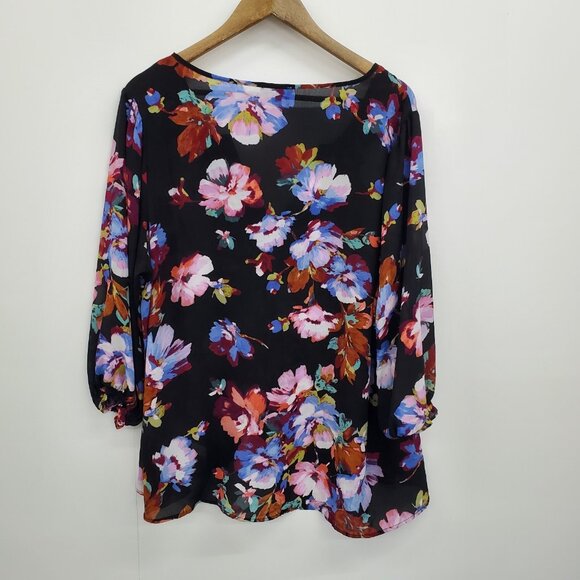 Floral & Ivy Womens 2X Button Front Chiffon Blouse Black Sheer Lightweight Top - Picture 3 of 14